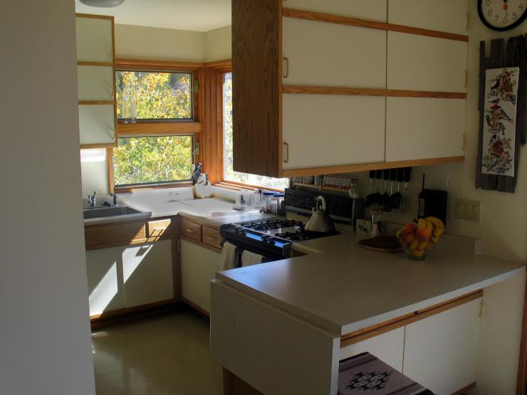 The house has a large kitchen, with gas stove, dishwasher, fridge, all the comforts of home