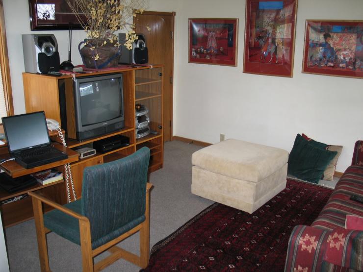 The loft entertainment center, featuring a large TV, a 5-disc stereo CD-changer and a broadband internet connection