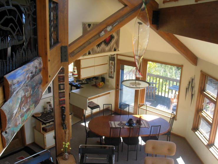 The beautiful wood dining room table easily sits eight people